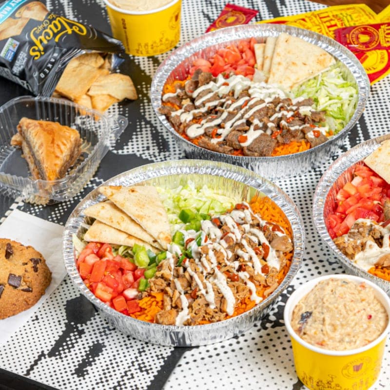 Beef gyro platter with jalapeños and hummus at The Halal Guys — Chamblee